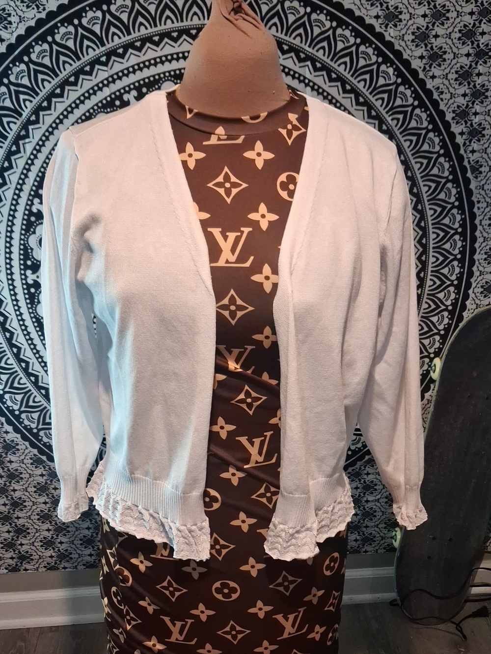 Nina Leonard Scalloped Lace Back Peplum Bolero Cardigan Pink XL